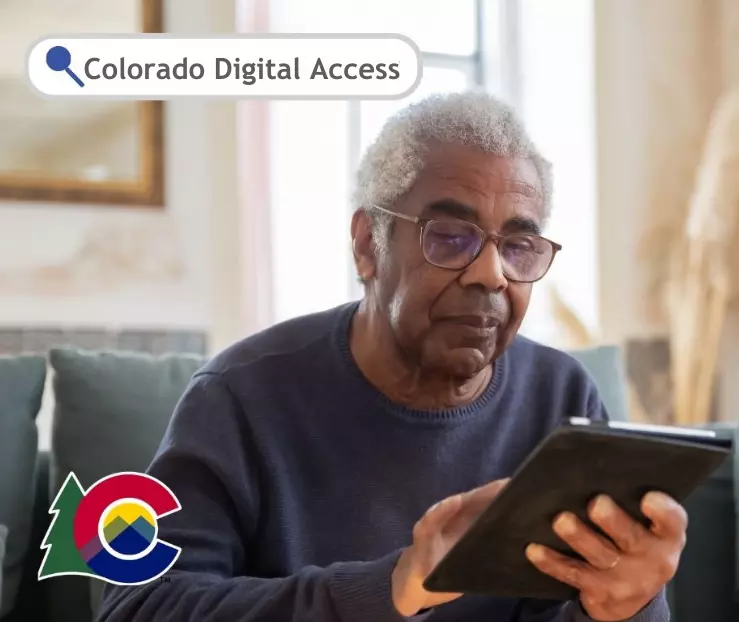 Search bar with "Colorado Digital Access" and a man using a tablet to complete a task
